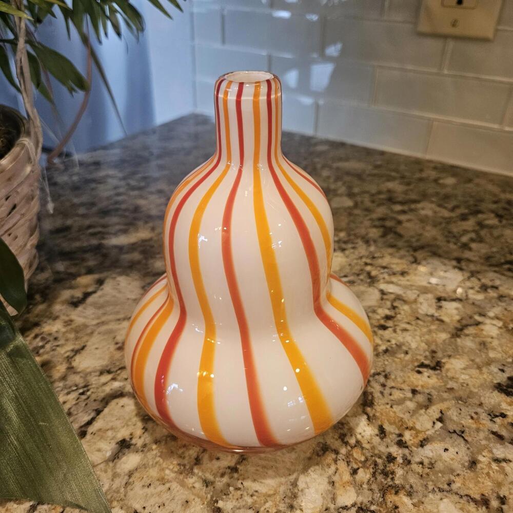 Vintage Orange Striped Handblown Murano Style Italian Art Glass Gourd Vase - Picture 3 of 6